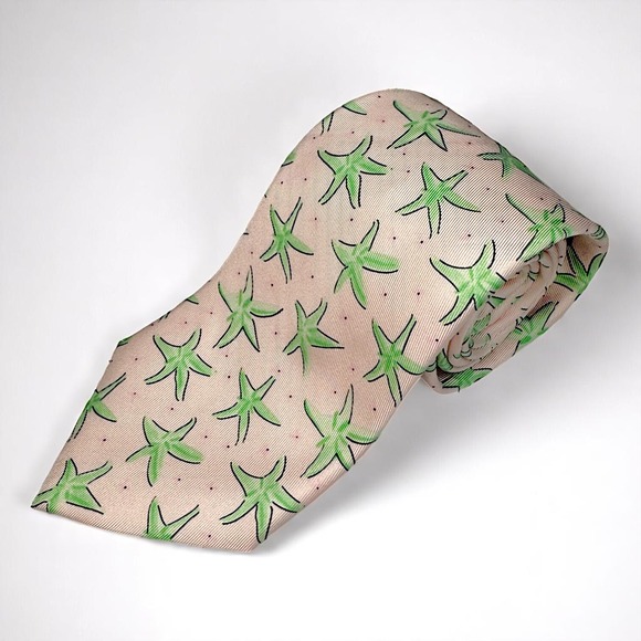 J.‎ McLaughlin Mens 100% Silk Tie Pink Green Starfish Preppy Coastal Chic Beach - Picture 1 of 9